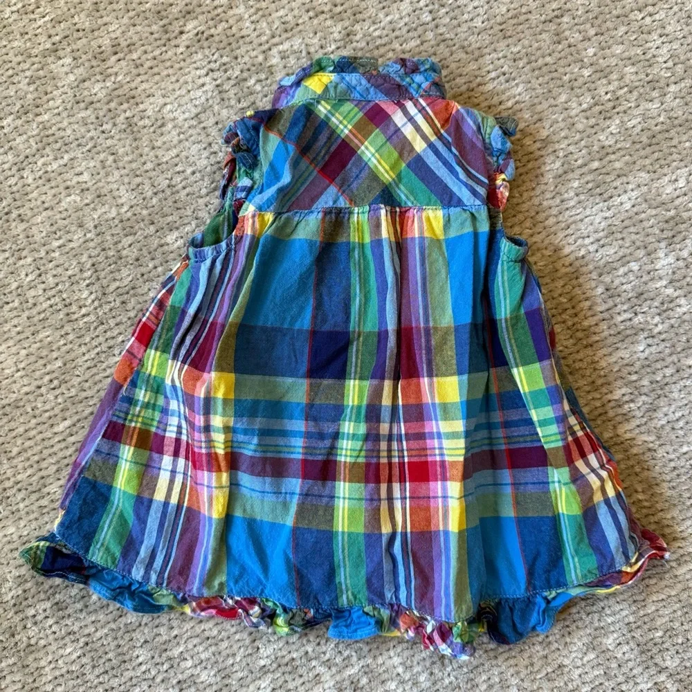 Ralph Lauren Baby Dress 3M Multicolor‎ Madras Plaid Ruffle Trim Monogram Buttons